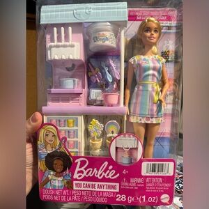 Barbie Pastel Striped Dress Doll with Kitchen Set